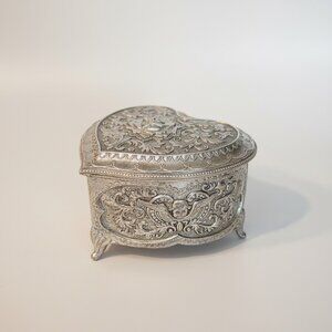 Silver Plated Heart Trinket Box  Rose & Cherub Victorian Style Red Velvet Lined